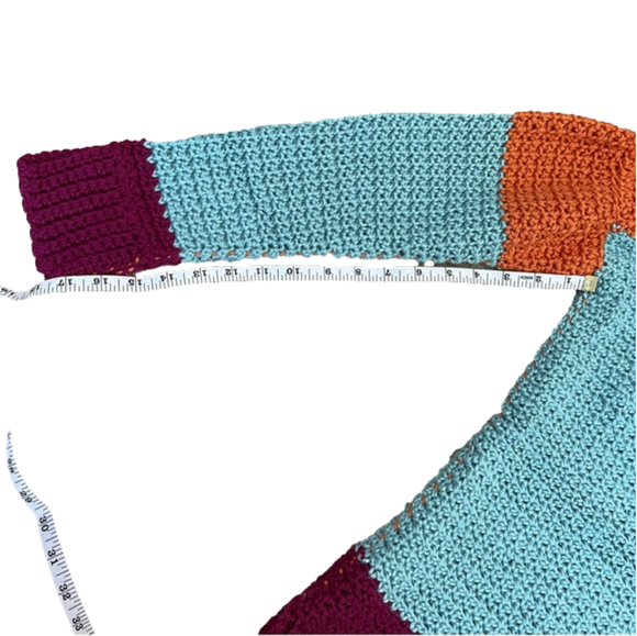 VINTAGE Handmade Orange Teal and Maroon Loose Knit Crochet Pullover Sweater - Picture 9 of 10
